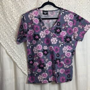 Ecko Unlimited Women's Floral Short Sleeve Scrub Top - Pink and Purple